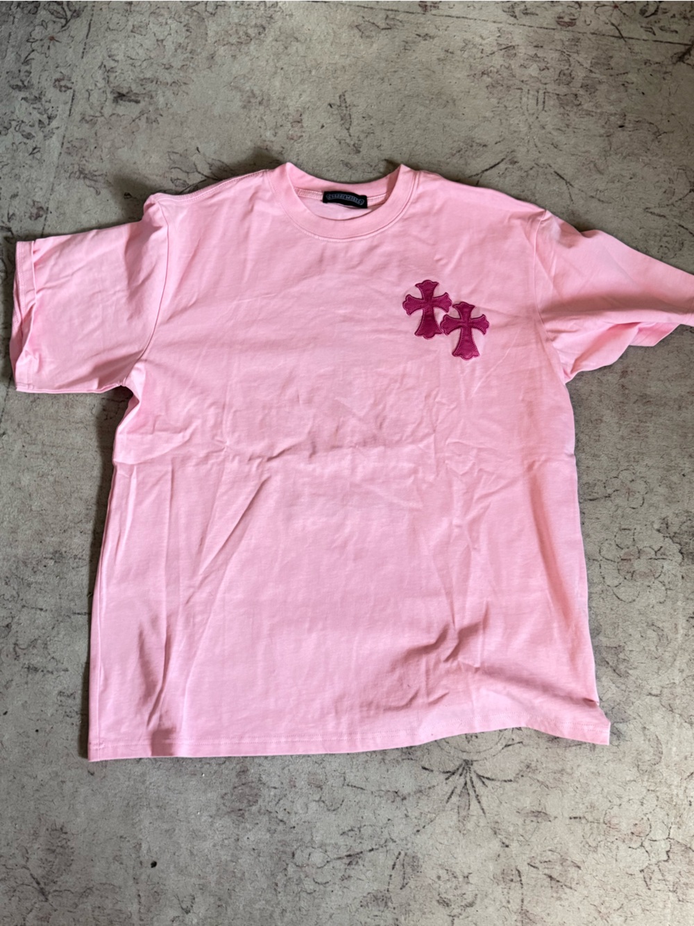 Chrome Hearts Pink Tee with Dark Pink Cross Appliqués